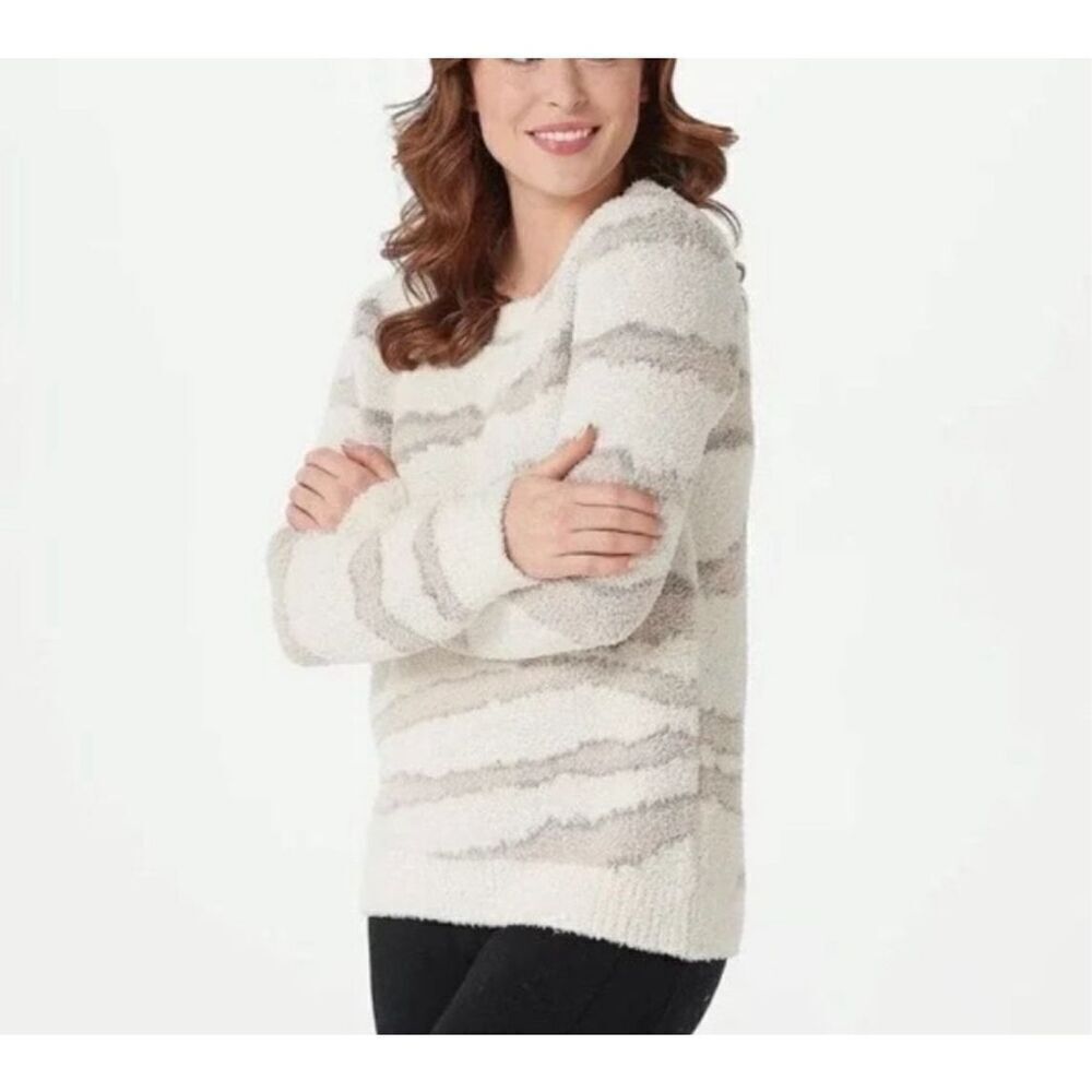 Barefoot Dreams Gray Beige Cozy Chic Knit Seaside Camo Crew Neck Sweater Small